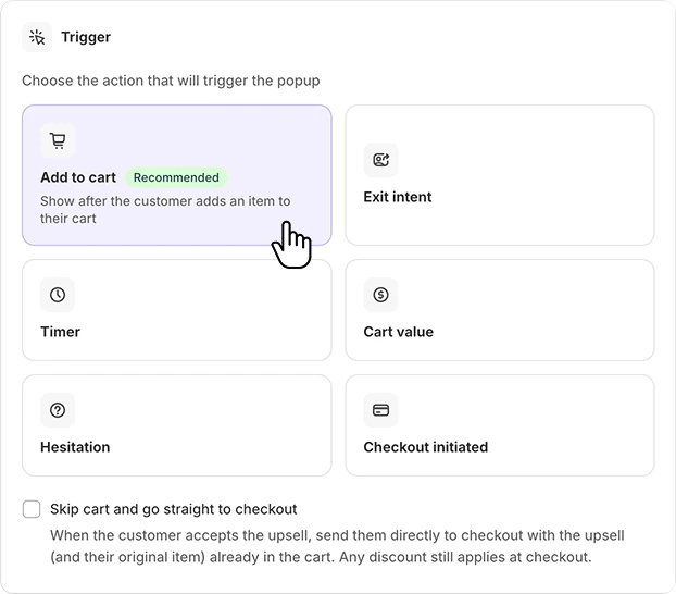Popup trigger settings: add to cart, exit intent, and more