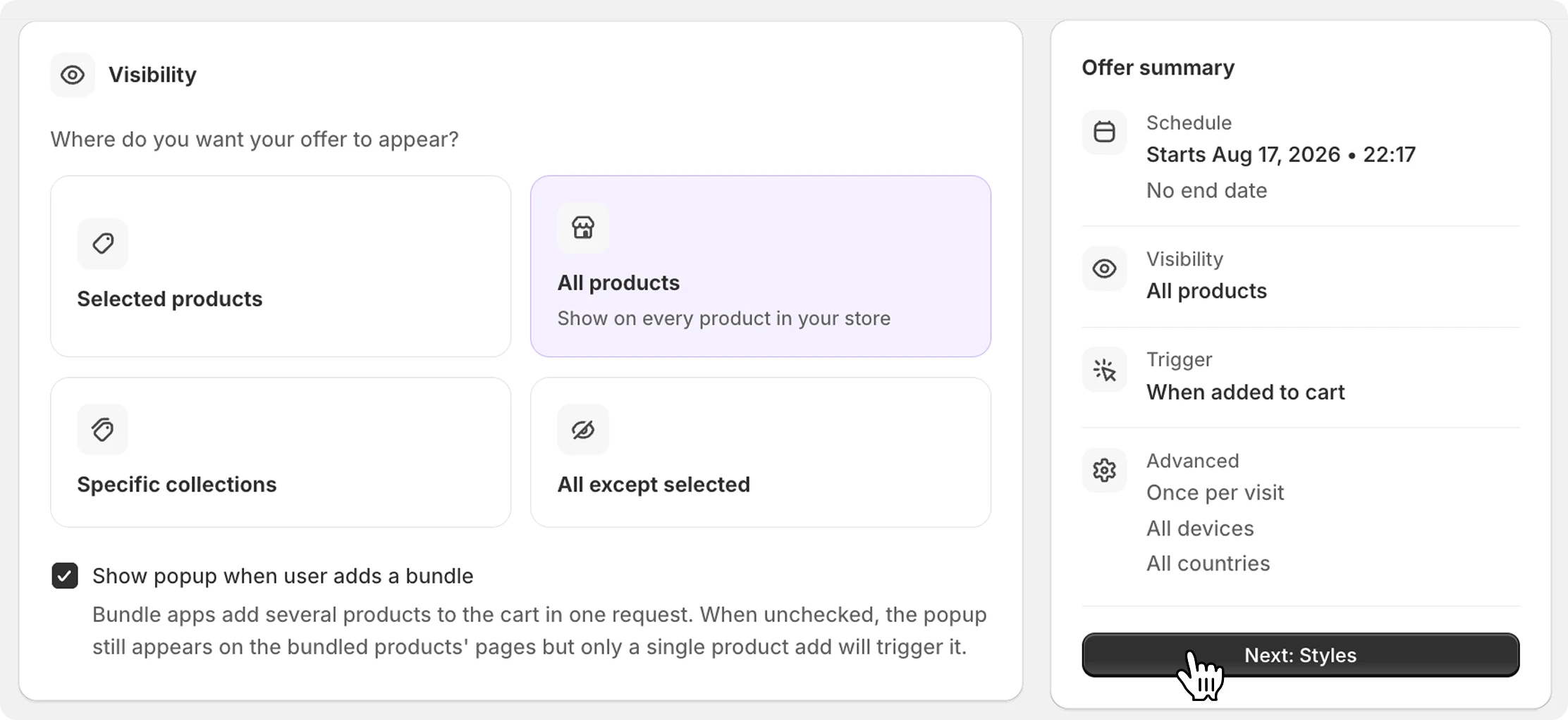 Popup settings: trigger products, firing actions, visibility, and frequency