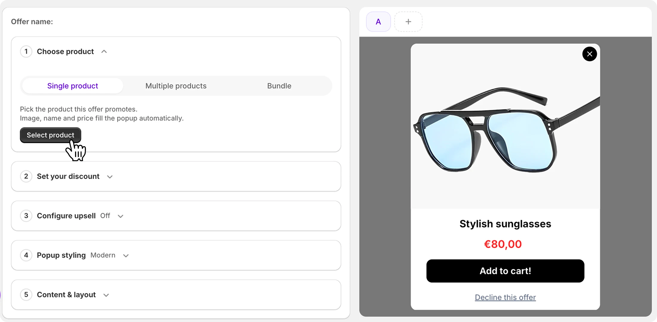Visual popup editor: product, template, discounts, and brand styling